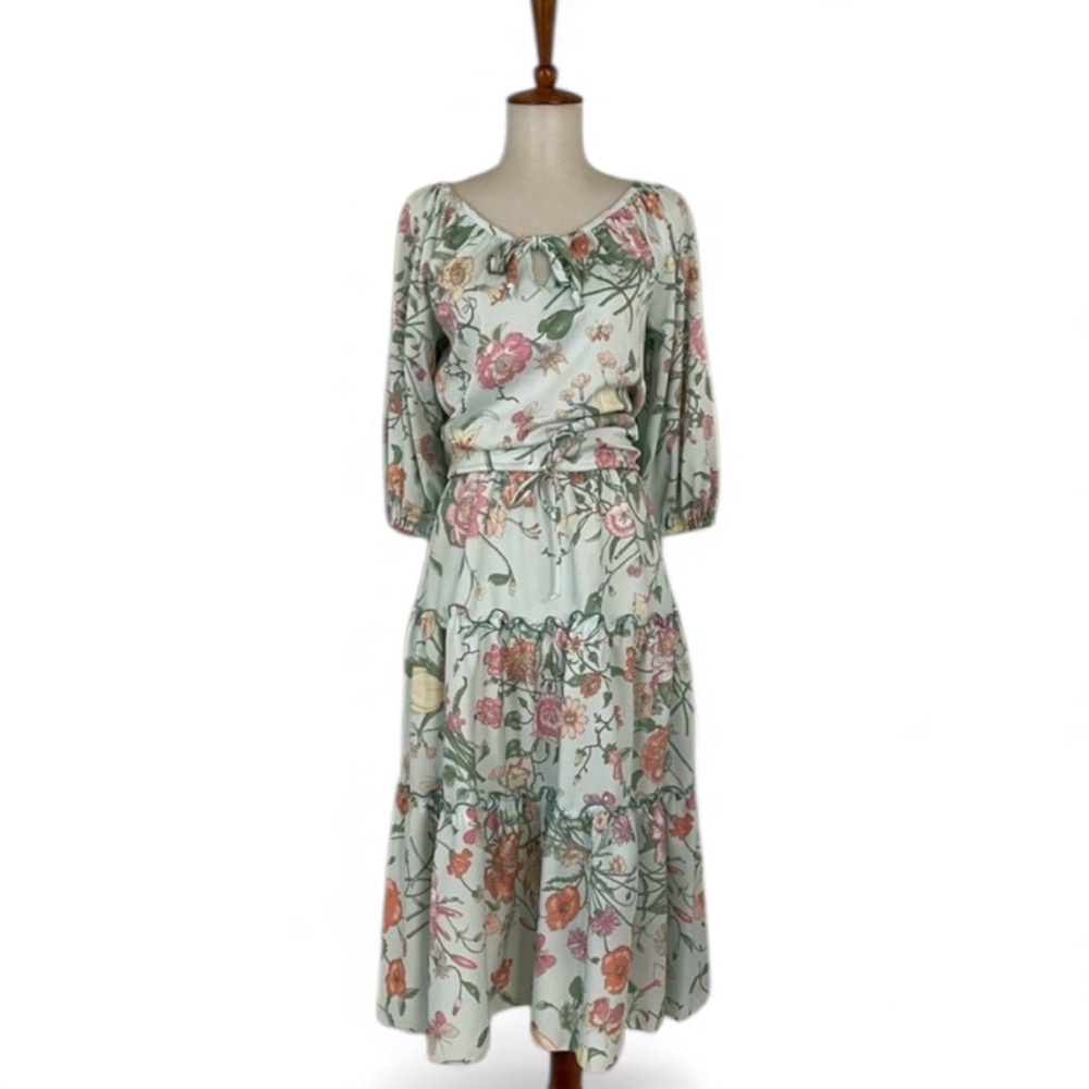 Vintage 70s Floral‎ Skirt Set Women’s XS 3/4 Sleeve Top Midi Crew Neck